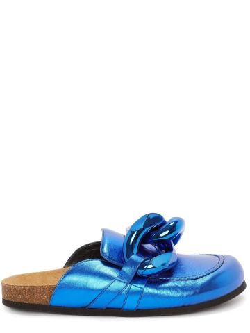Chain metallic blue leather slippers