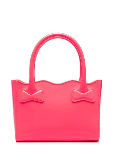Fluo pink tote bag with scalloped edge and bows on handle