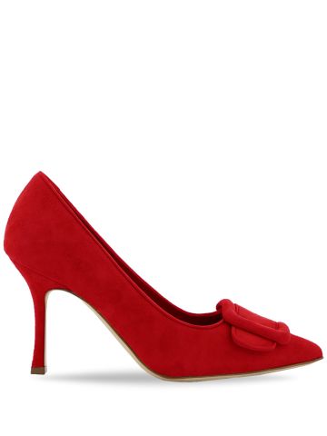 Red suede pumps with buckle detail