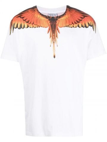 White feather-print short-sleeve T-shirt