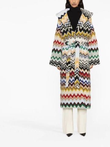 Multicoloured long cardigan with belt and zigzag print