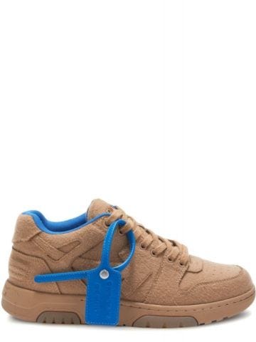 Out of Office beige trainers with blue inserts and nameplate