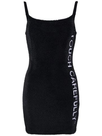 Short black chenille dress with slogan detail