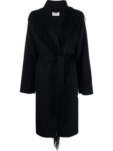 Black coat with fringe trim and waist belt