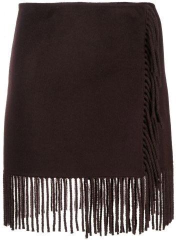 High-waisted brown miniskirt with bangs