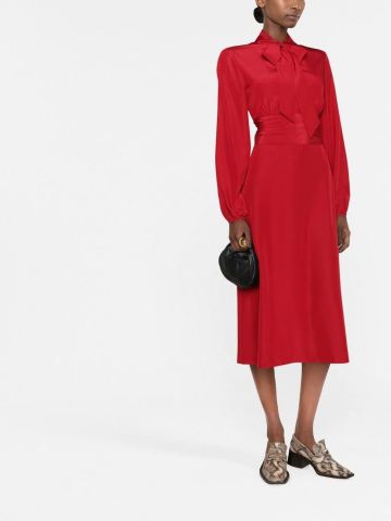 Red midi dress with bow and waistband