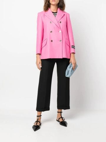 Iconic double-breasted pink jacket with gold buttons