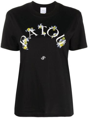 Black short sleeve t-shirt with floral logo print