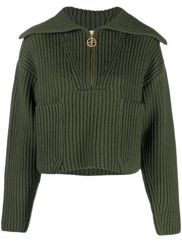 Green ribbed sweater with zipper and pockets