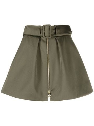 Green flared mini skirt with belt and zipper