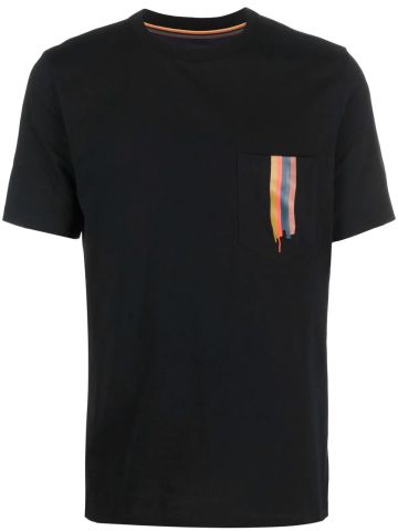 Black short-sleeved T-shirt with breast pocket and rainbow print