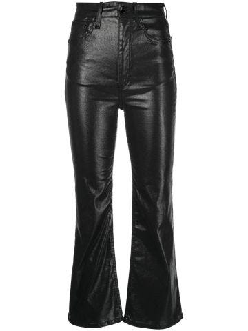 Black leather-effect flared crop jeans
