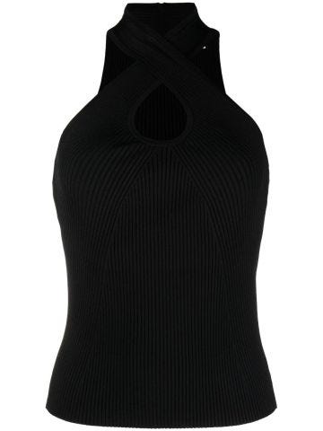 Black knit top with drop opening