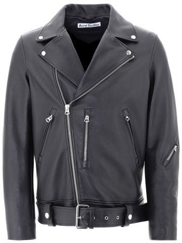 Off-centred zipped biker jacket