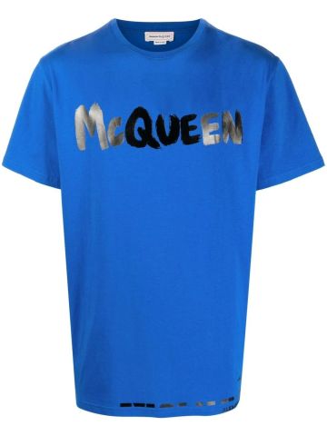 T-shirt blu con stampa logo frontale