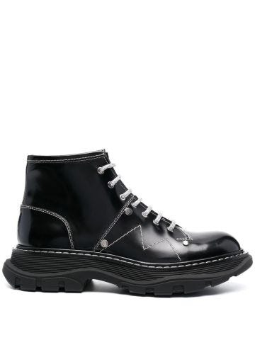 Black ankle boots with laces and contrast stitching