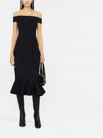 Black midi dress with open shoulders and ruffles