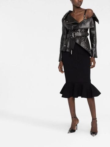 Black midi knit skirt with flared flounce hemline
