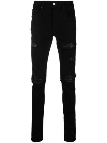 Black distressed-finish ripped skinny jeans