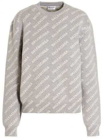 Maglione grigio in misto cotone e lana con logo