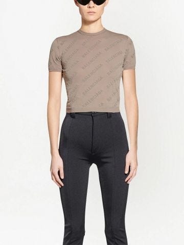 Beige logo-print cropped knitted top