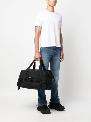 Black duffle bag with applications and logo