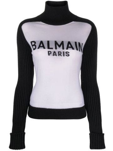 Two-tone turtleneck sweater with inlaid logo
