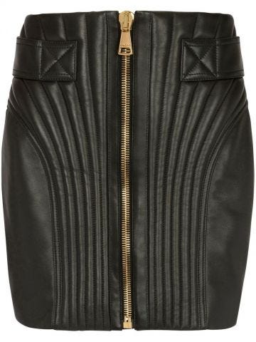 Black quilted-finish leather skirt