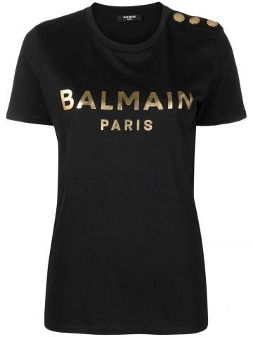 T-shirt nera con stampa logo oro