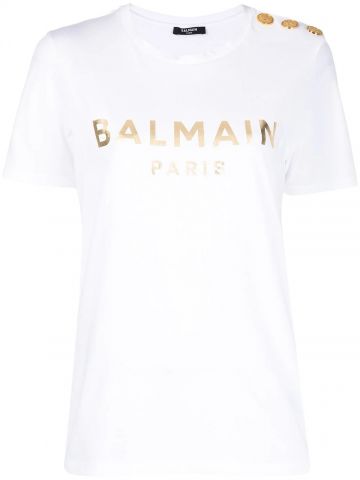 T-shirt bianca con stampa logo oro