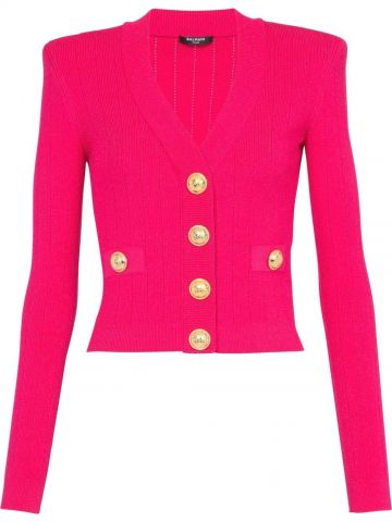 Embossed buttons fuchsia ribbed Cardigan