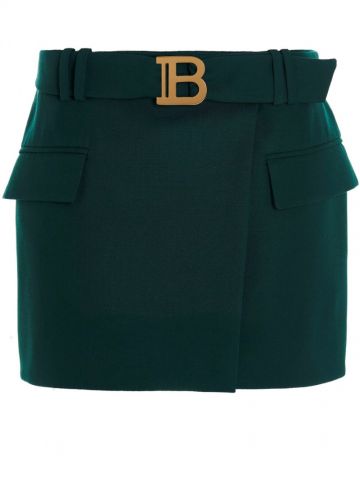 Belt and logoed buckle green mini Skirt