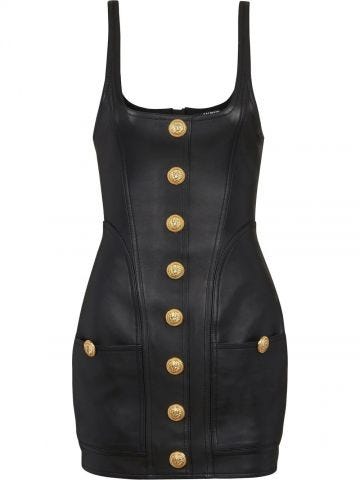 Embossed buttons black sleeveless leather Dress