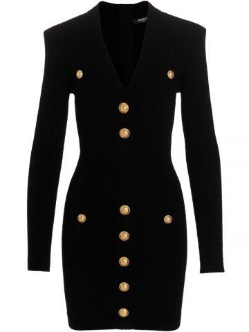 Black Ribbed stretch fabric dress with a logo button application