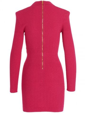 Pink Ribbed stretch fabric dress with a logo button application