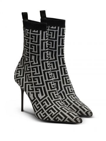 Black and white monogram knit ankle boots