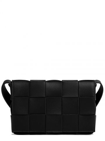 Black leather cross-body bag with intreccio pattern