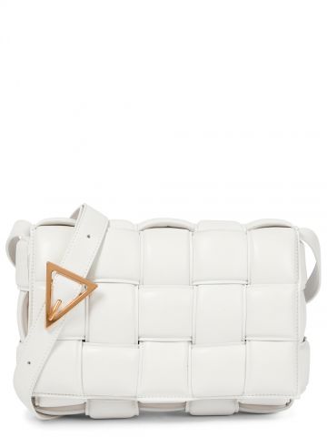 Padded white leather cross-body bag with intrecciato pattern