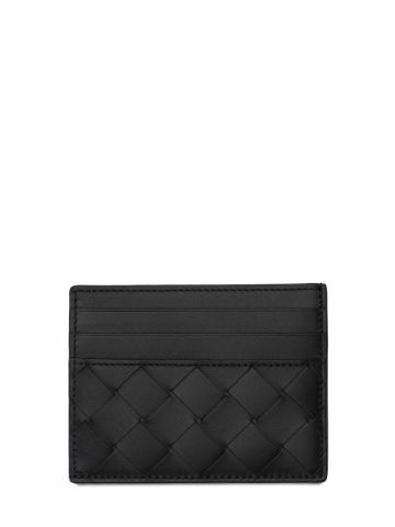 Black leather card case with woven motif