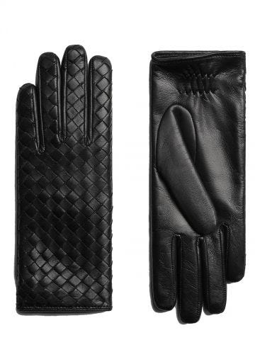 Black leather gloves with intrecciato pattern