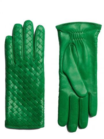 Green leather gloves with intrecciato pattern