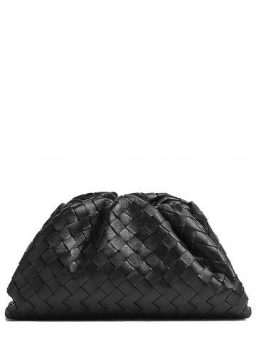 Black leather Teen clutch with woven pattern