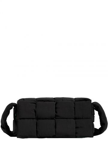 Black nylon medium cross-body bag with padded intrecciato pattern