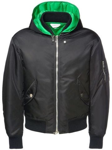 Black nylon gabardine hooded bomber jacket