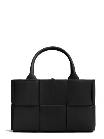 Black grained leather mini tote with woven pattern with removable shoulder strap