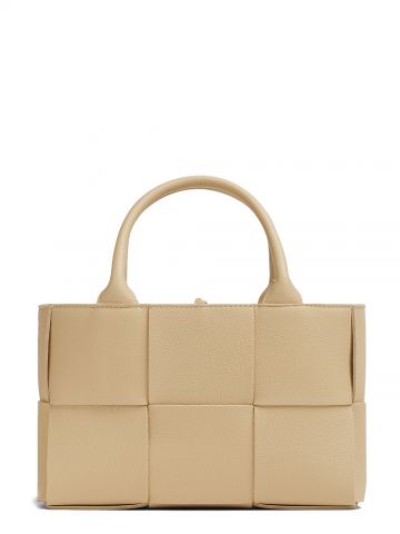 Beige grained leather mini tote with intrecciato pattern with removable shoulder strap