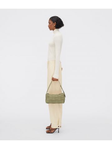 Beige leather shoulder bag with woven pattern