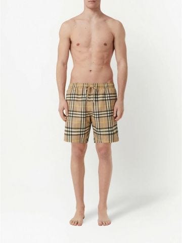 Beige check-print swim shorts