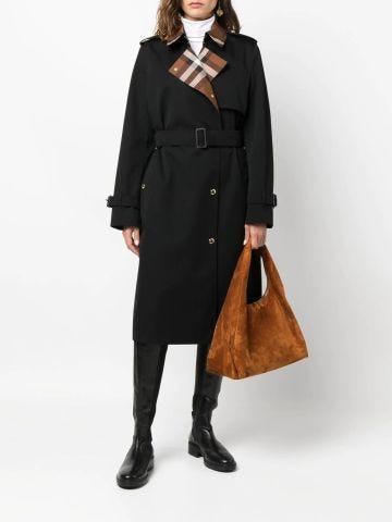 Black trench coat with tartan pattern reverse and waist belt