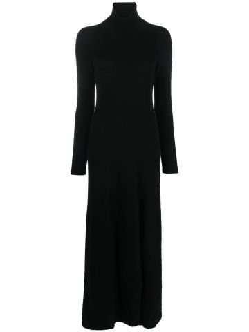 Black long-sleeved knit dress with slit